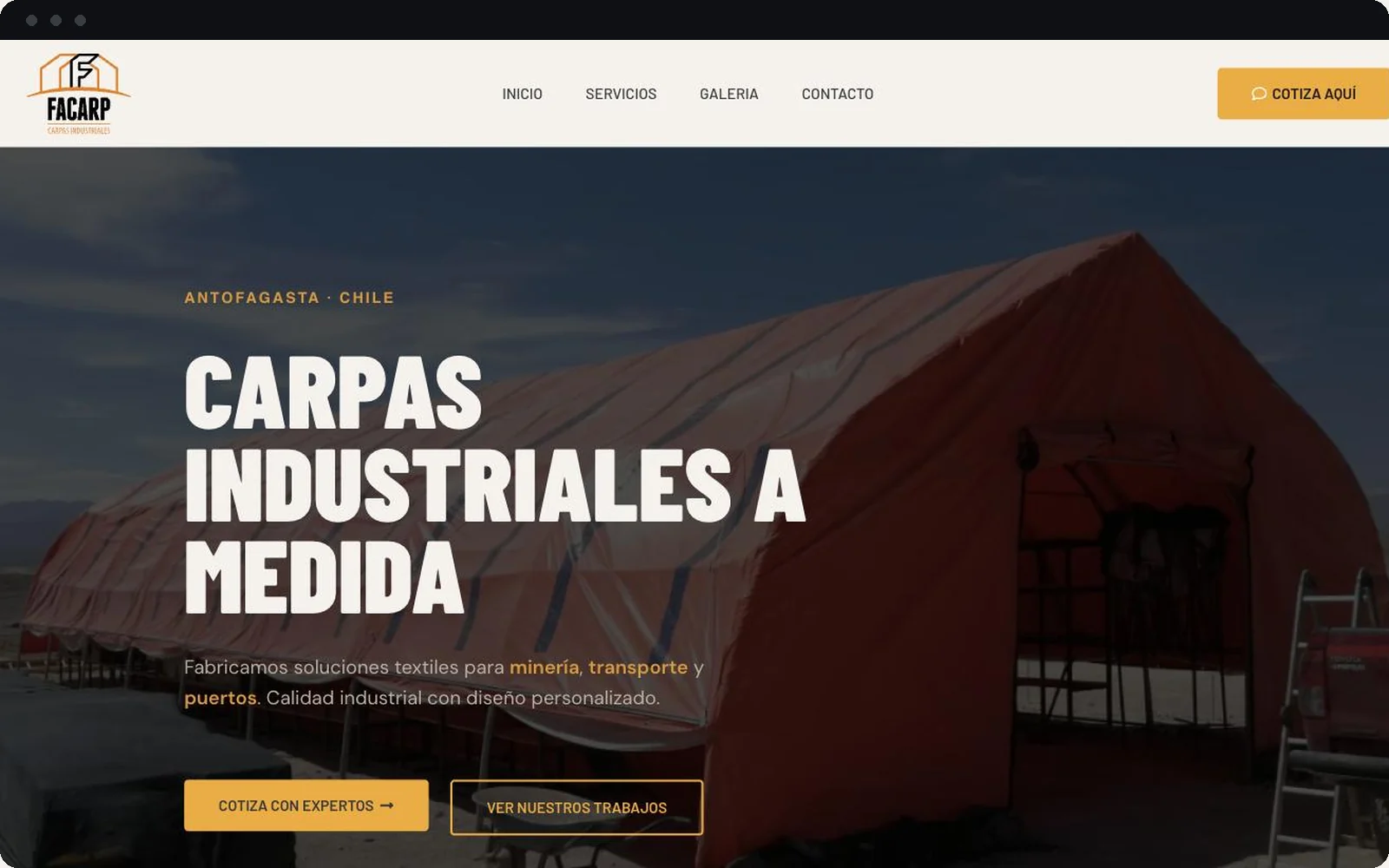 Sitio web de Facarp, fábrica de carpas industriales en Antofagasta
