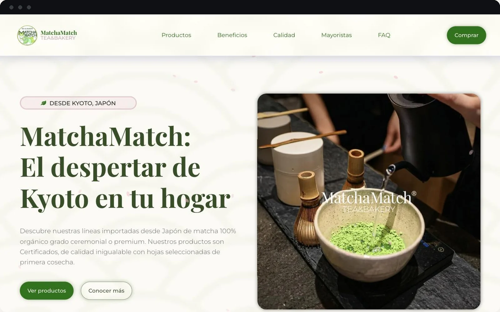 Sitio web de MatchaMatch, matcha ceremonial importado de Kyoto