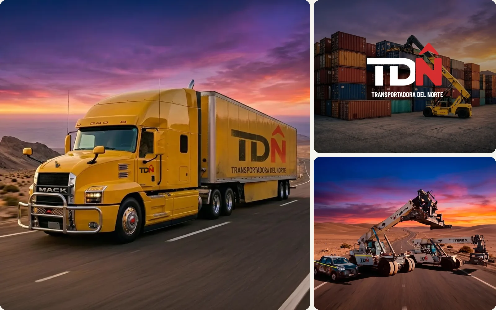 Identidad de marca TDN Transportadora del Norte aplicada a flota y contenedores