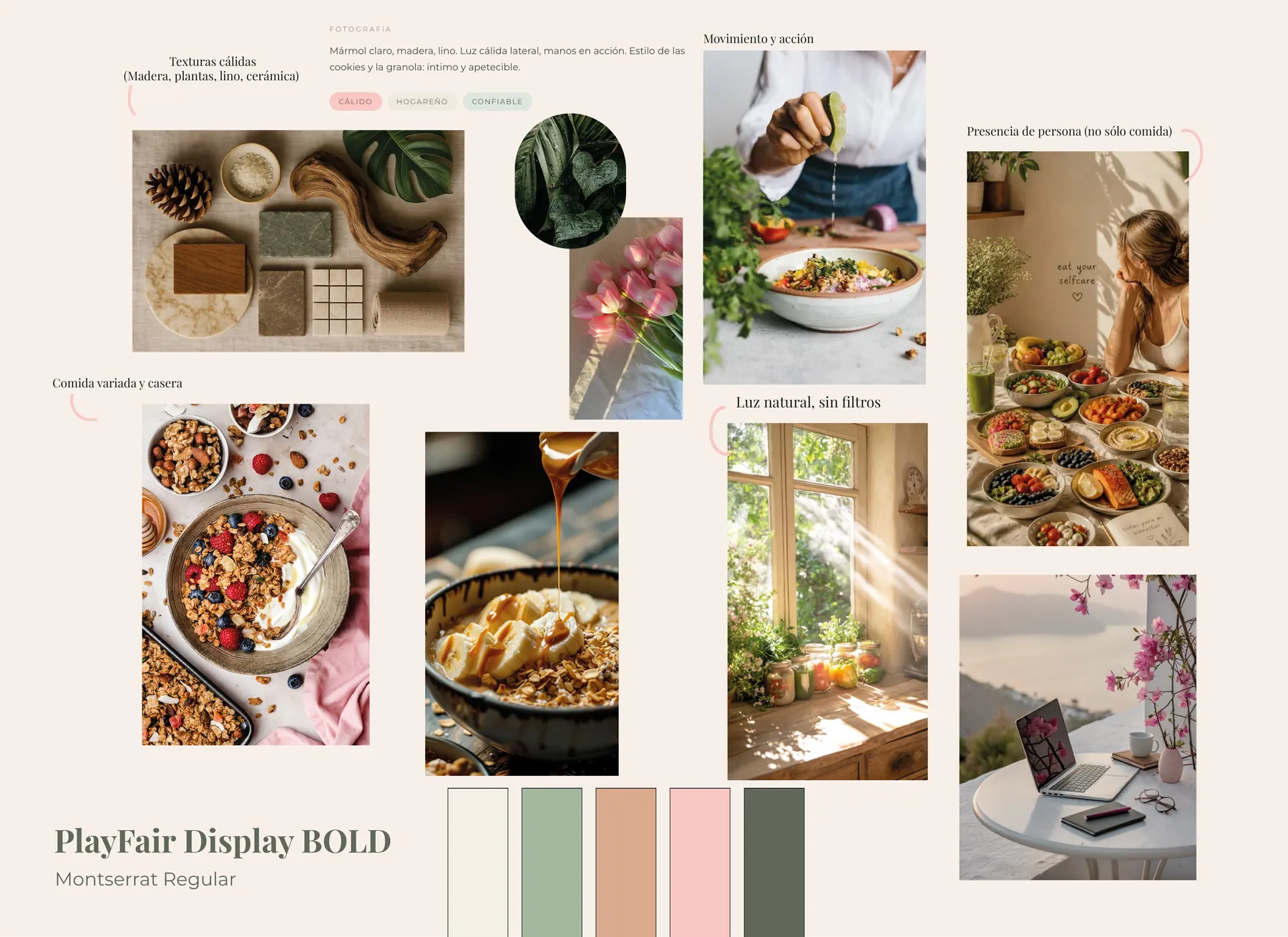 Moodboard de referencias: luz natural, texturas cálidas y tonos suaves