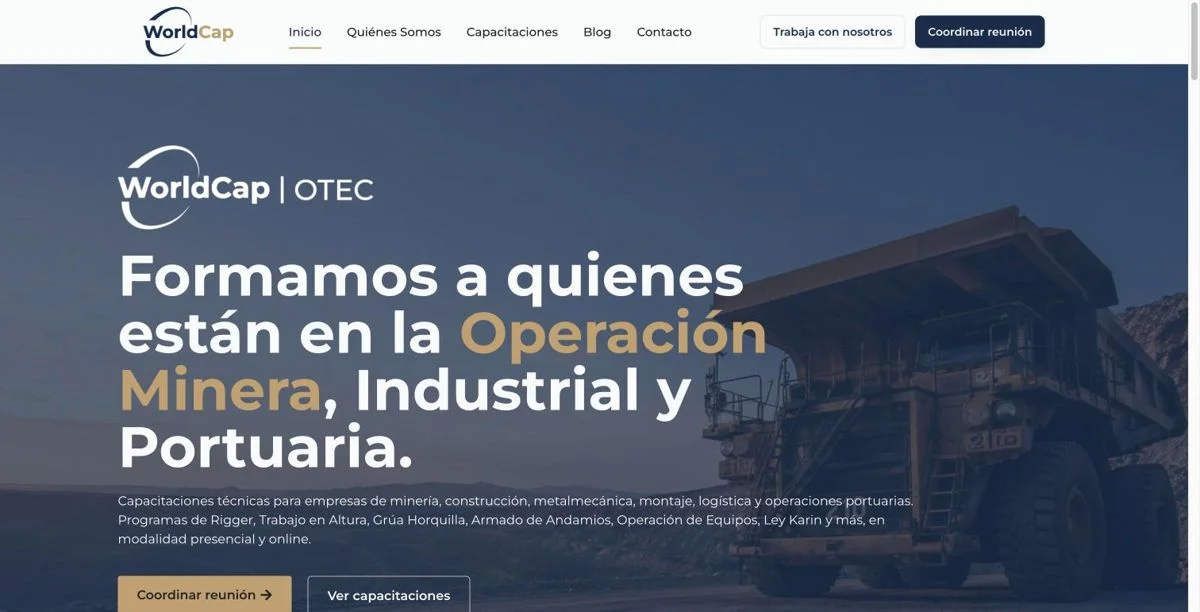 Página de inicio del sitio de WorldCap OTEC, con su catálogo de cursos
